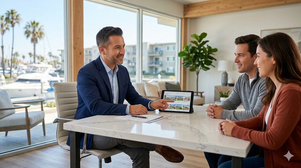 Real estate agent consulting with home buyers