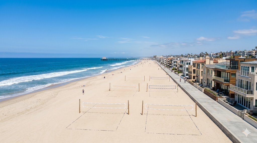 Manhattan Beach oceanfront with volleyball courts and pier