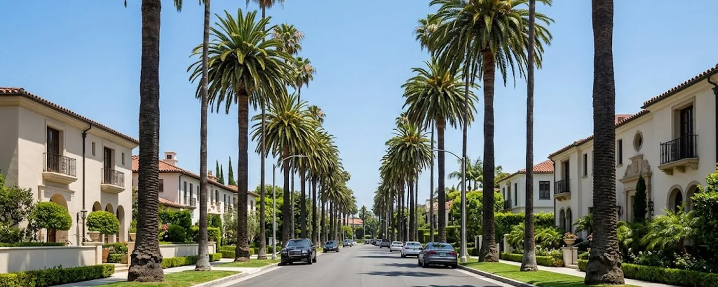 Buy a home in Beverly Hills CA — get 1% cash back at closing Beverly Hills North Rodeo Drive lined with tall palm trees and luxury Mediterranean mansions — Portfolio Home Realty buyer agent