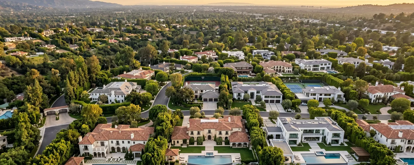 Buy a home in Encino CA — get 1% cash back Encino Royal Oaks gated estate community aerial view with luxury mansions in San Fernando Valley — Portfolio Home Realty buyer agent