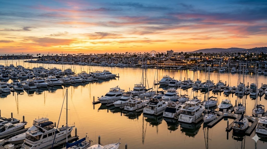 Newport Beach harbor at sunset