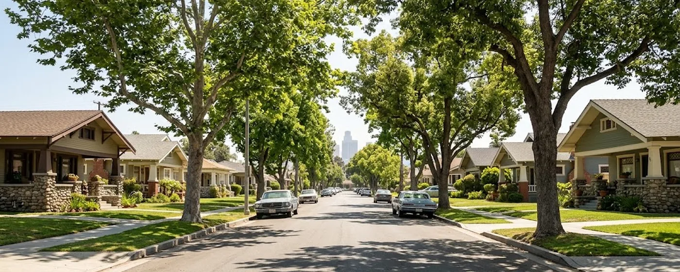 Buy a home in Los Angeles CA — get 1% cash back Los Angeles historic craftsman bungalow street with the downtown LA skyline rising in the distance — Portfolio Home Realty buyer agent