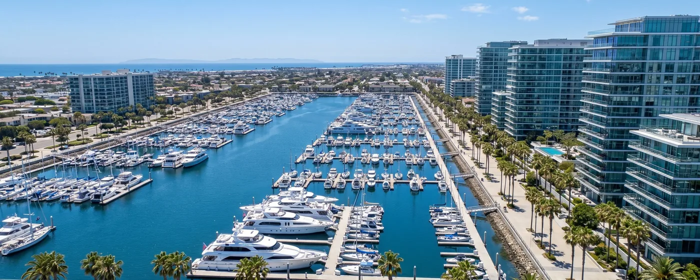 Marina del Rey waterfront marina with yachts and sailboats, a palm-lined promenade and modern condominium towers — Portfolio Home Realty buyer agent