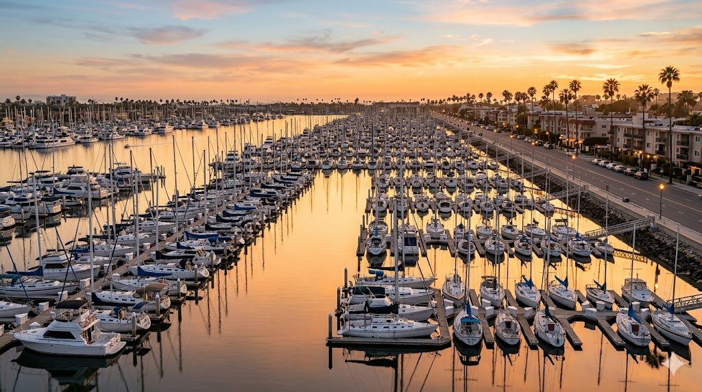 Marina del Rey boat harbor at golden hour