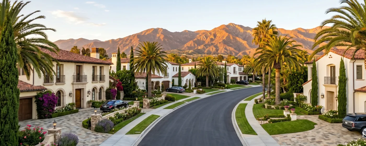 Buy a home in Mission Viejo CA — get 1% cash back Mission Viejo Spanish-style homes on a palm-lined street with a mountain backdrop — Portfolio Home Realty buyer agent