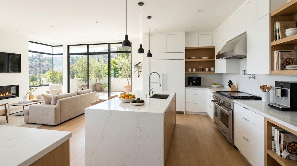 Modern Southern California home interior with open concept kitchen