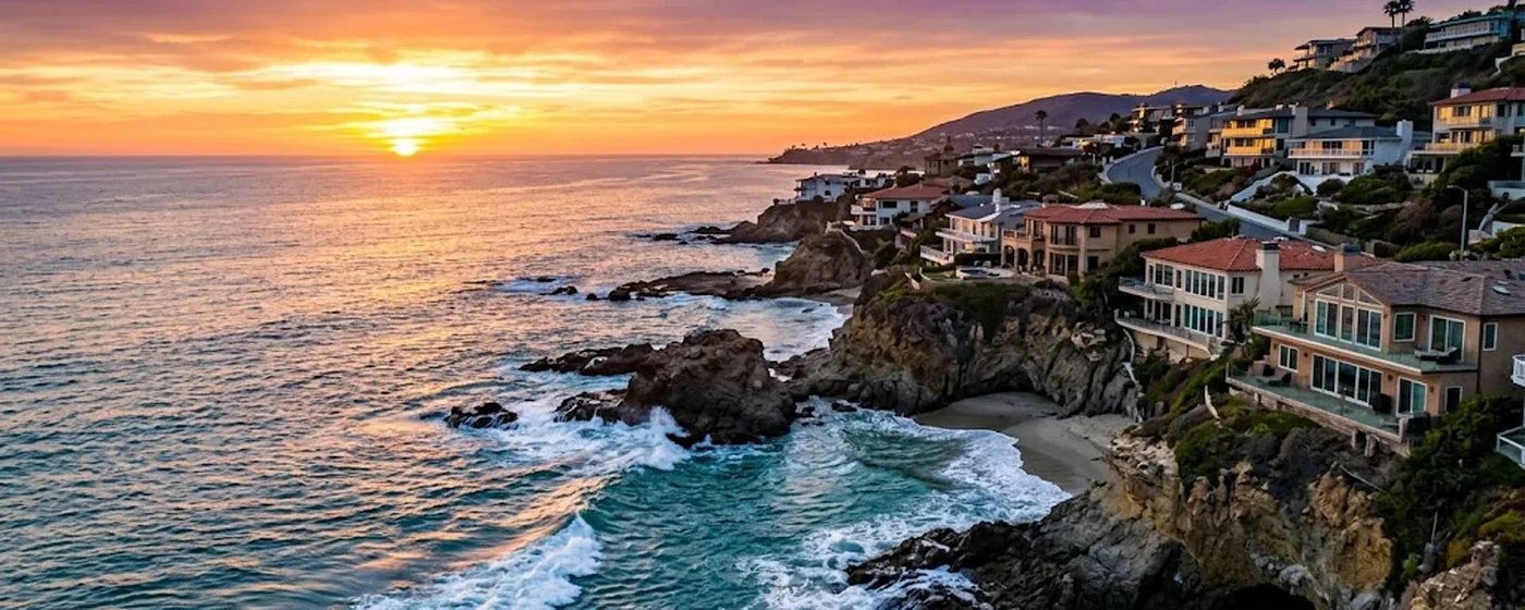 Buy a home in Pacific Palisades CA — get 1% cash back at closing Pacific Palisades luxury homes perched on the coastal bluff overlooking the Pacific Ocean at sunset — Portfolio Home Realty buyer agent