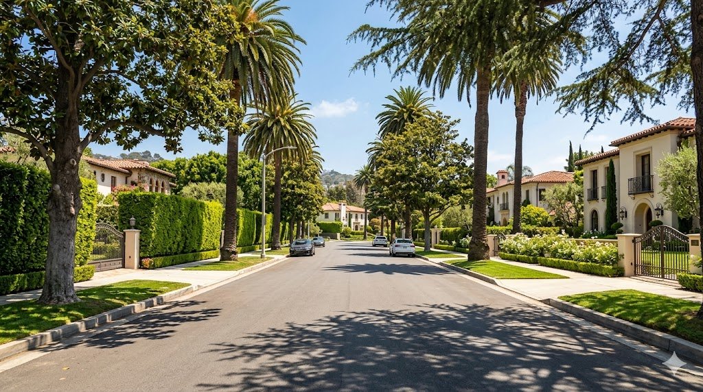 Palm-tree lined residential street in luxury SoCal neighborhood