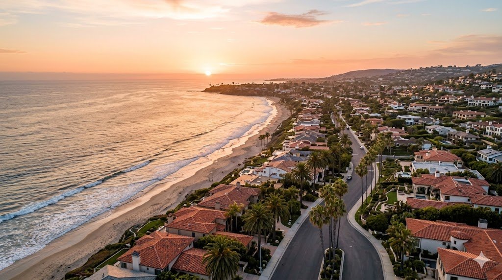 Aerial view of Southern California coastal community at sunset